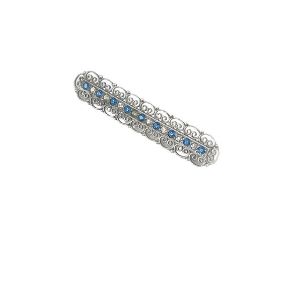 Vintage Sterling Silver Bar Pin With Blue Rhinestones & Filigree Design 1.5 Inch - Picture 3 of 6